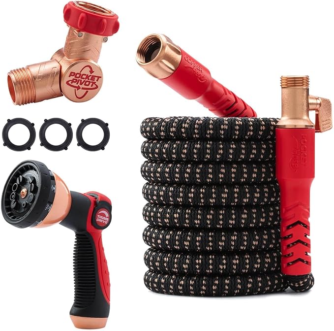 Pocket Hose 50 FT Copper Head Expandable Garden Hose with Pocket Pivot, No Tangles, AS SEEN ON TV, 360° Swivel, Tri-Tex Tubing, Force Field Jacket, Lead-Free, No-Kink, Anti-Burst w/APT