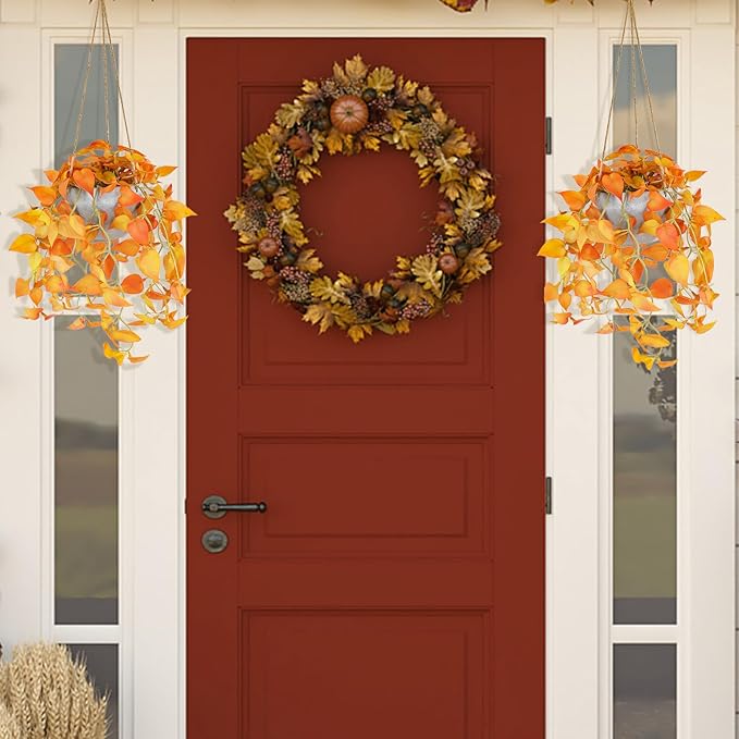 Autumn Fake Hanging Plants with Pot, 2 Pack Artificial Hanging Plants, Faux Anthurium Leaf Hanging Basket Plant for Wall Home Room Indoor Outdoor Office Decor