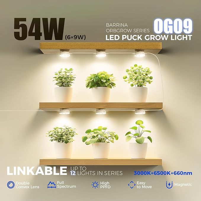 Barrina Orbgrow OG09 Puck LED Grow Light with 660nm Red LEDs, 54W(6 x 9W, 810 Watt Equiv), Plant Lights for Indoor Plants Full Spectrum, Magnetic & Linkable, Small Grow lamp for Plant Shelf, 6 Packs