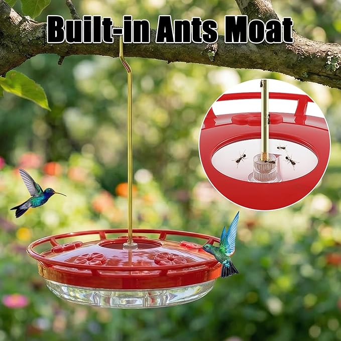 FEED GARDEN 2 Pack 16 oz Plastic Disc Hummingbird Feeders for Outdoors Hanging, Leak-Resistant Nectar Feeder with 5 Ports, Wide Mouth Easy Clean & Refill, Built-in Ant Moat for Garden Backyard