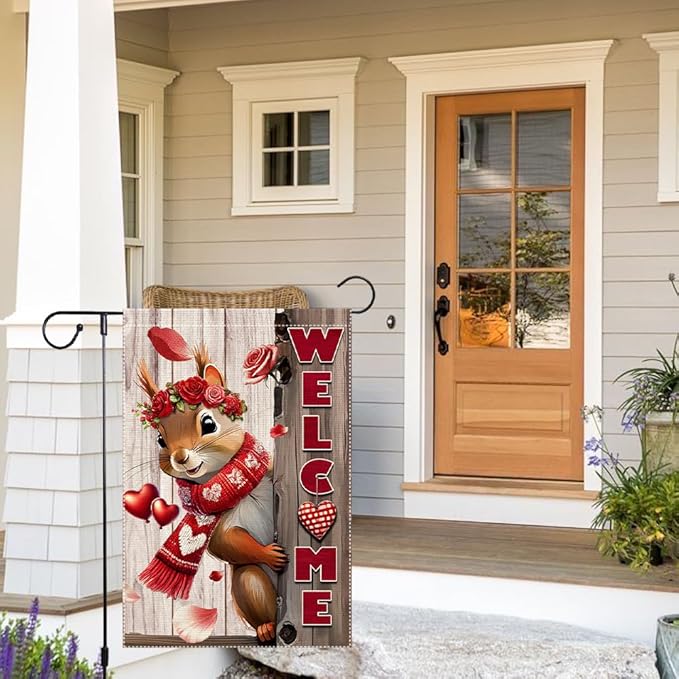 Valentine’s Day Garden Flag 12x18inch Double Sided The Squirrel Red Love Heart Rose Valentine’s Garden Flags For Home Outdoor Yard Patio Lawn Decor,Welcome Valentine Garden Outside Decorations Banner
