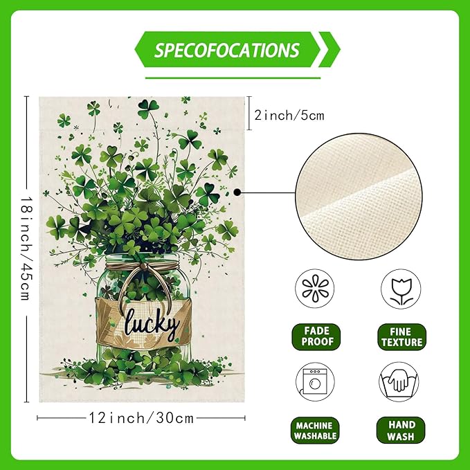 Lucky St. Patrick's Day Green Shamrocks Four-leaf Clovers Glass Bottle Garden Flag Yard Flag 12x18 Inch Double Sided Small Mini Yard Outdoor Outside Holiday Decoration