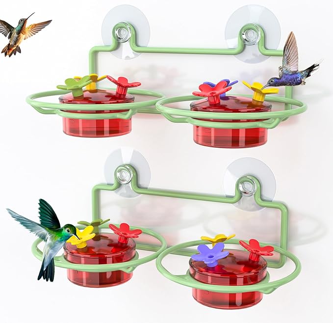 2 Pack Window Hummingbird Feeder, Small Hummingbird Feeder for Outdoors with Strong Suction Cup - Metal Base & 6 Feeding Ports, Easy to Clean and Refill, Green