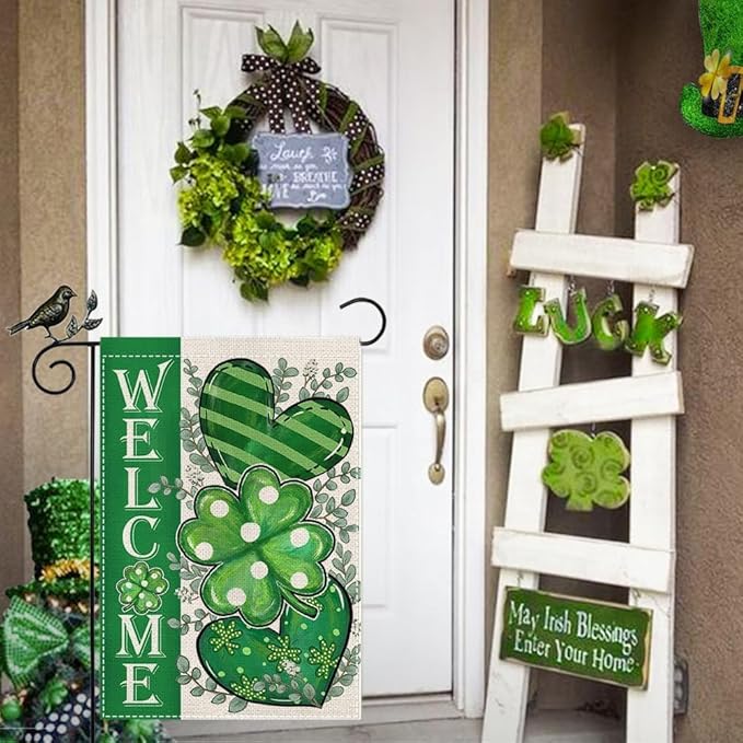 GEEORY St Patricks Day Garden Flag 12.5 x 18 Inch, Shamrock Hearts Welcome Double Sided Decorative Flag For Outside Yard Lawn Decoration GB009-12