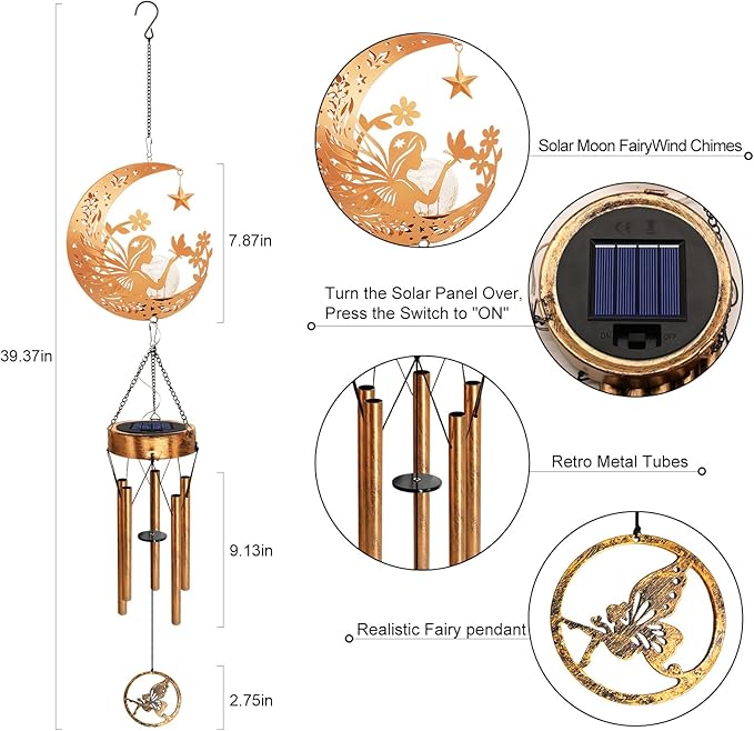 Solar Moon Fairy Wind Chimes, Moon Gifts for Mom Women Men Sympathy Festival Birthday Mothers Day, Hanging Outdoor Decor Cracked Glass Ball Memorial Large Wind Chimes for Garden Patio Porch