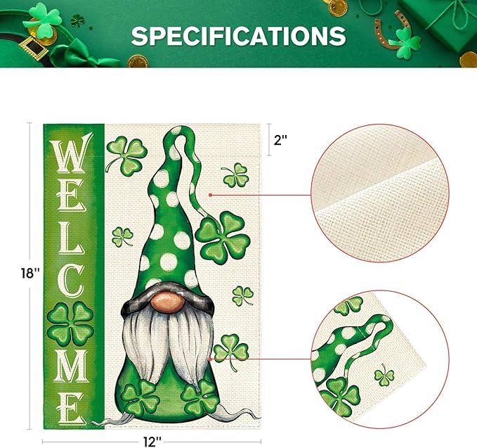 AVOIN colorlife Welcome St Patricks Day Garden Flag 12x18 Inch Double Sided, Leprechaun Gnome Shamrock Lucky Clover Holiday Yard Outdoor Flag