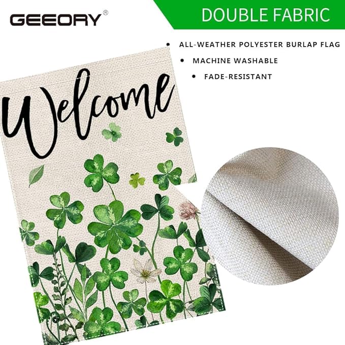 GEEORY St Patricks Day Shamrocks Garden Flag 12 x 18 Inch, Floral Clover Double Sided Decorative Flag For Outside Yard Lawn Outdoor Decoration