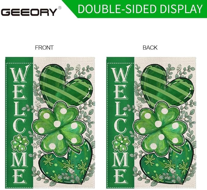 GEEORY St Patricks Day Garden Flag 12.5 x 18 Inch, Shamrock Hearts Welcome Double Sided Decorative Flag For Outside Yard Lawn Decoration GB009-12