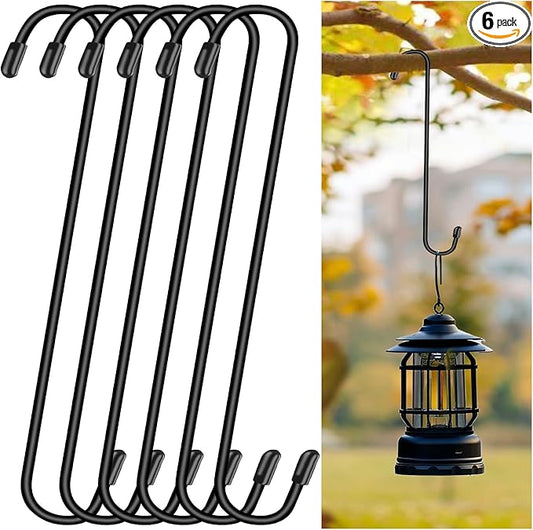 6 Pack 12 Inch Large S Hooks for Hanging Plants,Black Extra Matel Heavy Duty Hook for Hang Brsket,Bird House,Clothes,Kitchenware