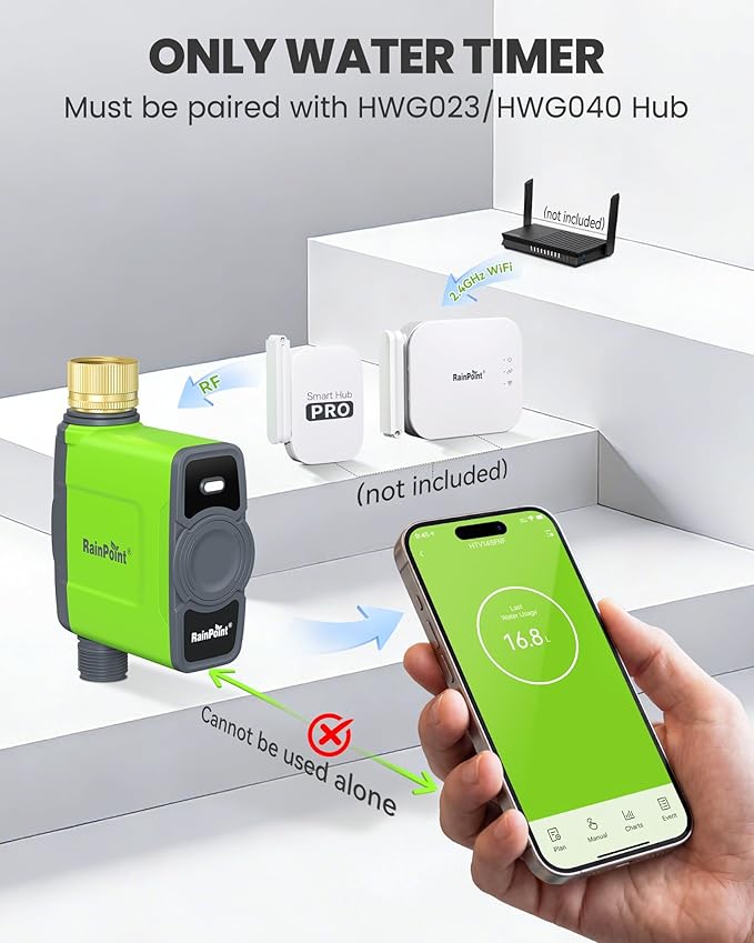 RAINPOINT WiFi Water Timer for Garden Hose, WiFi Sprinkler Controller, Smart Hose Timer Valve, Automatic Drip Irrigation System/Rain Delay for Garden/Lawn/Yard (Brass Inlet, No Gateway)