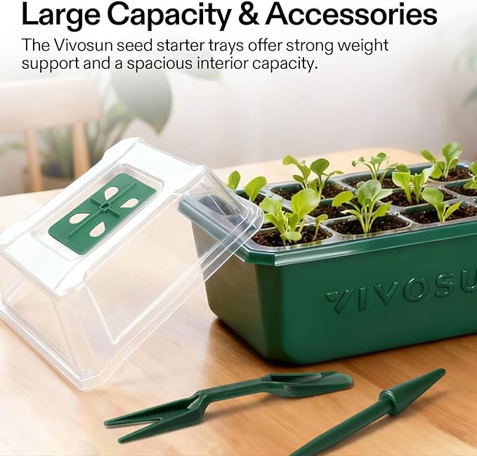 VIVOSUN 12-Pack Seed Starter Trays, 72-Cell Seed Starter Kit with Humidity Dome, Flat Reusable Plant Germination Trays with Drain Hole, Green Propagation Tray for Planting Seeds