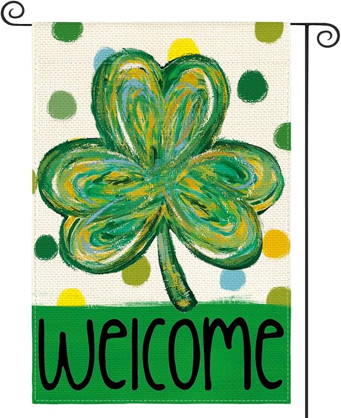 AVOIN colorlife St Patricks Day Garden Flag 12x18 Inch Double Sided Outside, Shamrock Clover Polka Dots Welcome Yard Outdoor Flag