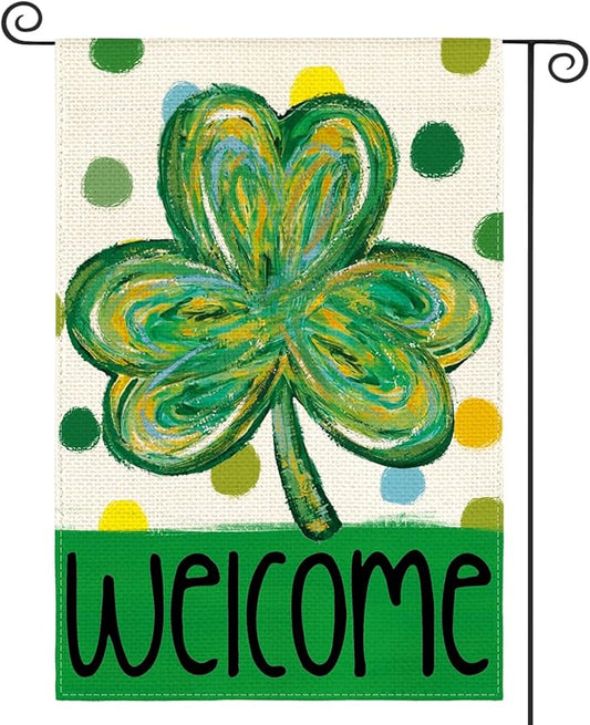 AVOIN colorlife St Patricks Day Garden Flag 12x18 Inch Double Sided Outside, Shamrock Clover Polka Dots Welcome Yard Outdoor Flag
