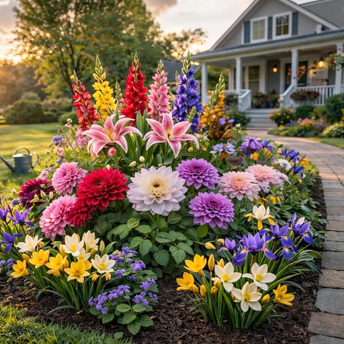 Luxury Front-Yard Colorful Dream Bulb Collection (32 Bulbs) — Dahlias, Gladiolus, Lilies, Dutch Iris & Freesia | Easy to Plant | Pollinator Garden, Deer-Resistant | Spring Planting, Summer Bloom