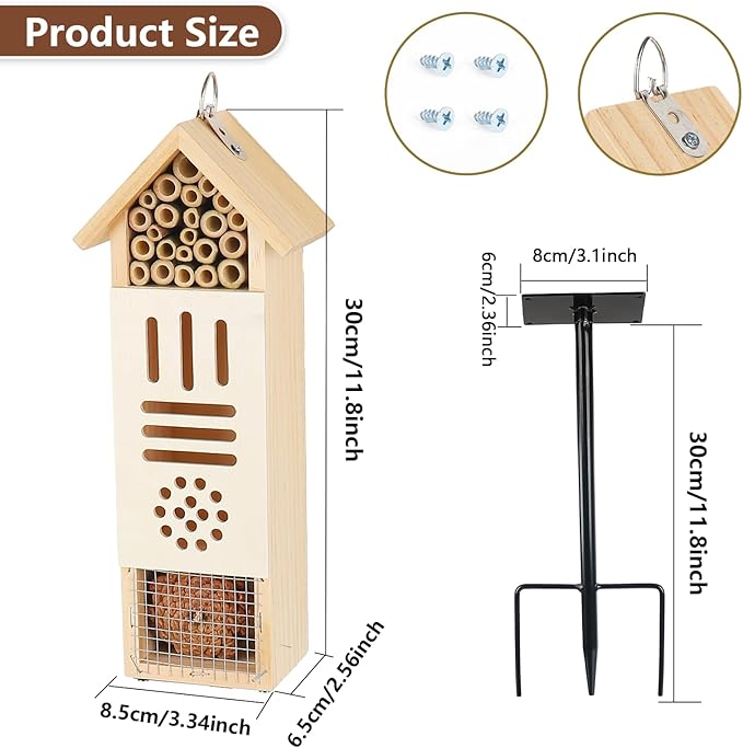 Wooden Insect House, Bee House with Metal Stake for Garden, Natural Ladbugs Habitat & Butterfly Hotel on The Ground or Hanging on Tree Wall (Pine, 3.34'' x 2.56'' x 11.8'', 11.8'' H Stake)