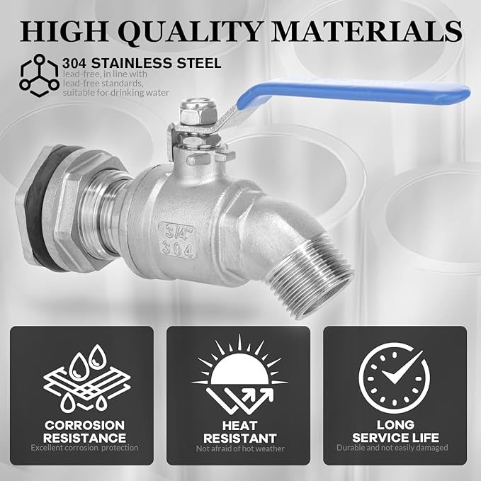 Rain Barrel Spigot Kit High Flow Water Barrel Faucet 3/4"NPT to 3/4"GHT 304 Lead-Free Compliant Stainless Steel Faucet for Rain Barrels,Rain Barrel Quarter Turn Spigot with Bulkhead Fitting