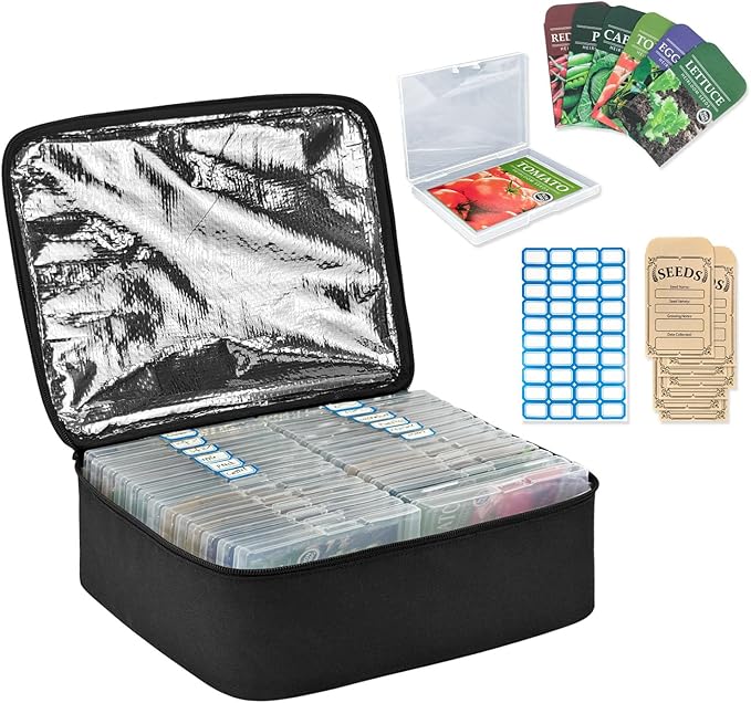 Boczif 26 Slots Seed Storage Organizer Box with Insulated Bag Seed Envelopes Bag and Label Stickers, Garden Seed Container for Seed Packets, Plant, Flower, Vegetable Seeds