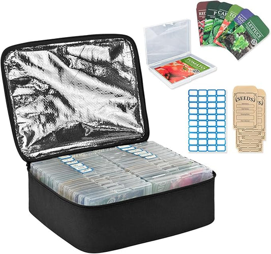 Boczif 26 Slots Seed Storage Organizer Box with Insulated Bag Seed Envelopes Bag and Label Stickers, Garden Seed Container for Seed Packets, Plant, Flower, Vegetable Seeds
