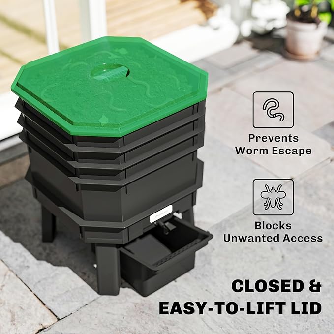 Outsunny 4-Tray Worm Composter Bin, 7.4 Gal Outdoor & Indoor Worm Composter, Farm Starter Kits for Vermicomposting Starter, Garden Composting Bin for Recycling Food Waste, Dark Green