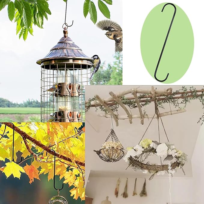8 Pack S Hooks Heavy Duty 12 Inch Large S Shape Hooks for Hanging Plant Pots and Pans Steel Metal Hanger Hook Black Long S-Hook for Hanging Clothes, Plants, bird feeders, Garden Indoor Outdoor
