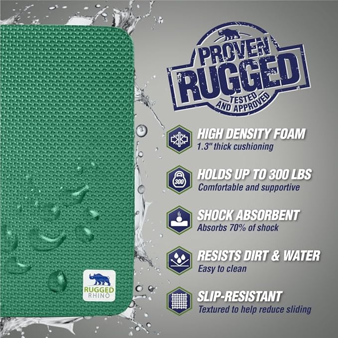 RUGGED RHINO Heavy Duty Patent Pending Kneeling Pad, 2 PK, Shock Absorbent Thick Knee Pads, Holds Up to 300 lbs, Protect Knees from Hard Concrete Surfaces, For Mechanics, Gardening, Gym, Pine Green
