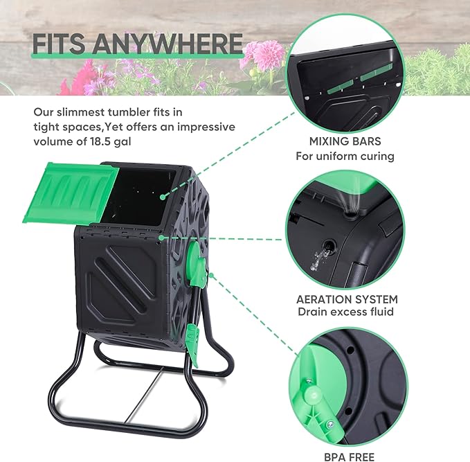 18.5 Gallon Compact Single Room Outdoor Garden BPA Free Compost Tumbler-All Season-Heavy Duty Composter