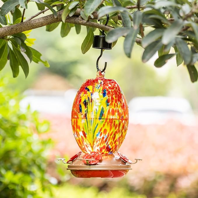 Muse Garden Glass Humming Bird Feeders for Outdoors - 27OZ Blown Glass Hummingbird Feeder - Unique Gift Mom Bird Lovers Women, Outdoors Hanging Garden Decor, Includes Ant Moat & Brush, Red Phoenix