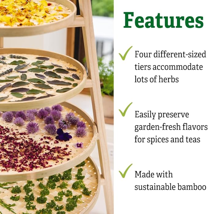 Gardener's Supply Company | Wooden Bamboo Herb Drying Rack | Floor Or Countertop Free Standing 4 Layers | with Removable Bamboo Mesh Trays | 20-1/2" W x 25" H