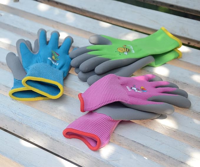 Ages 3-5 Kids Gardening Gloves,Yard Work Gloves for Toddlers, Youth, Girls, Boys, Childrens, Soft Safety Rubber Gloves (XXXS Age 3-5, 3 Pairs Green, Blue&Pink)