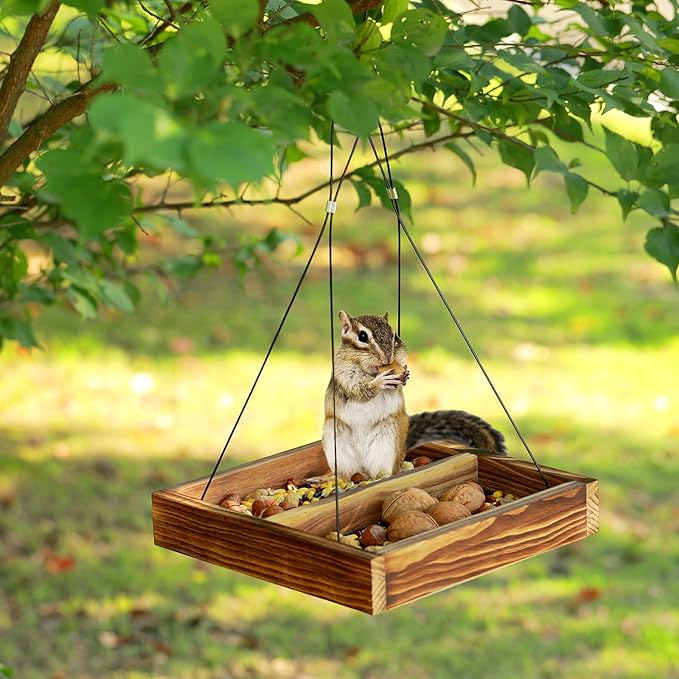 MIXXIDEA Bird Feeder Hanging Tray, Wooden Platform Hummingbird Feeder Mesh Seed Platform for Garden Yard Outside Decoration Attracting Wild Birds (Brown)