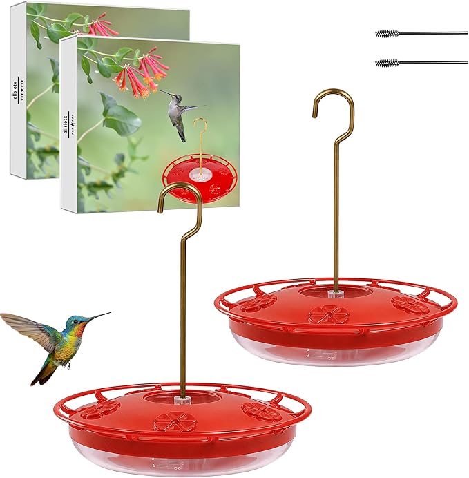 Hummingbird Feeders for Outdoors Hanging (2 Pack), 5 Feeding Ports 16 oz Plastic Hummingbird Feeder, Bee-Proof Leak-Proof No Drip, Easy to Clean with Cleaning Brushes