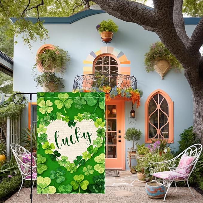 St Patrick's Day Garden Flag 12x18 Inch Double Sided Burlap Lucky Shamrock Heart Green Clover Pattern Holiday Yard Patio Irish Festival Outside Decorations