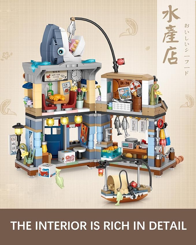 Japanese City Street View Seafood Store Mini Building Blocks Set 790 pcs, Aquatic Products Shop MOC Creative House, Simulation Architecture Toy, Gifts Idea for Kids Adults (1231)