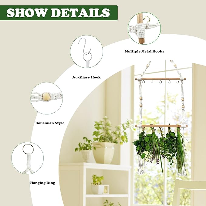 Herb Drying Rack Hanging Macrame Boho Plant Dryer Racks Two-Layer Handcrafted Woven Air Dry Herbal Hangers with S-Shaped Hook 32Ft Jute Twine for Spices Weed Flowers
