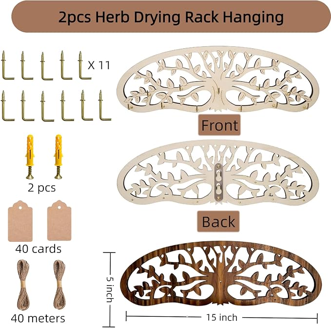 Herb Drying Rack Hanging 2 Pack, Wall Mounted Wooden Flower Drying Rack and Wall Decor for Kitchen Witch, Rustic Apothecary Supplies, Over The Garden Wall Style