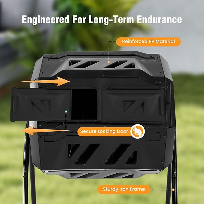 NEWBULIG Compost Bin Outdoor 43 Gallon, Dual Chamber Composter Tumbler Outdoor with Gloves, Efficient 360°Rotating Composting Bin for Patio, Lawn, Home Gardening and Landscape, Black