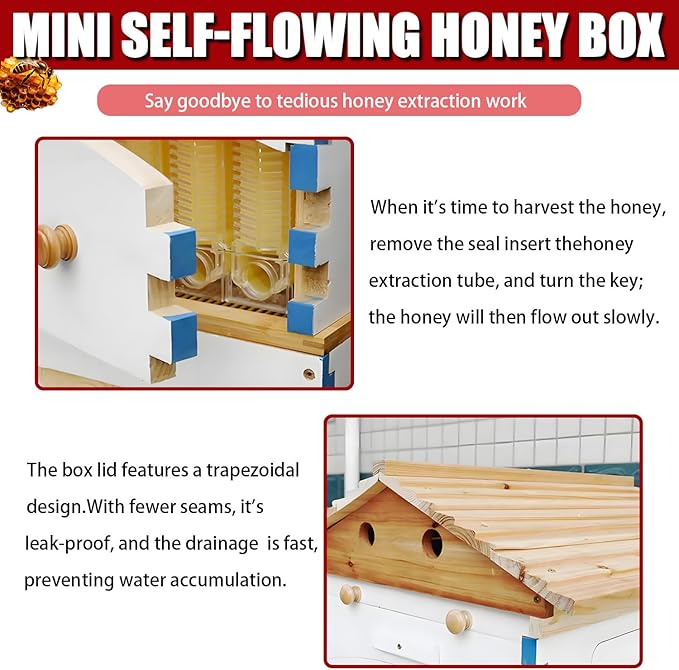 Beehive Starter Kit, Self-Flow Hive with Observation Window & Honey Spout, Complete Wooden Bee Box with 4 Frames & 6 Honeycomb Trays, for Garden Pollinators