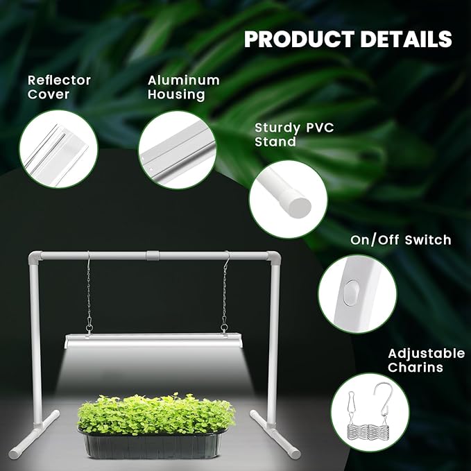 Wolezek Grow Lights for Seed Starting with Stand, 2ft T5 144 LEDs Full Spectrum Seedling Grow Light for Indoor Plants, 32W High Output Seed Starter Light Kit, Height Adjustable, ON-Off Switch