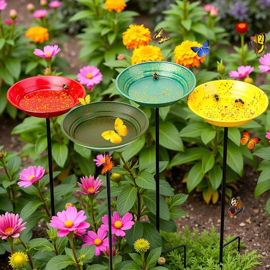 dreamysoul 4 Pack Bee Watering Station, Metal Bee and Butterfly Feeders with Metal Stake, Bee Butterfly and Bird Bath for Outdoor Garden Yard Lawn Decor