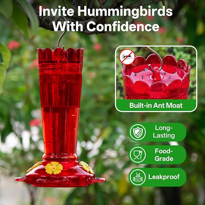Plastic Hummingbird Feeder, 14 oz Hummingbird Feeders for Outdoors Hanging, Leak-Proof Nectar Feeders with 4 Feeding Ports and Perches, Gifts for Mom, Dad, Grandparents-Red