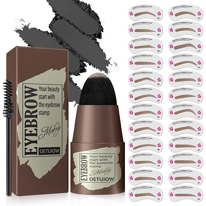 Eyebrow Stamp Stencil Kit - One-Step Eyebrow Stencil with 24 Reusable Thin & Thick Stencils, Long-Lasting Waterproof & Smudge-Proof Brow Stamp for Perfect Eye Makeup (Dark Black)