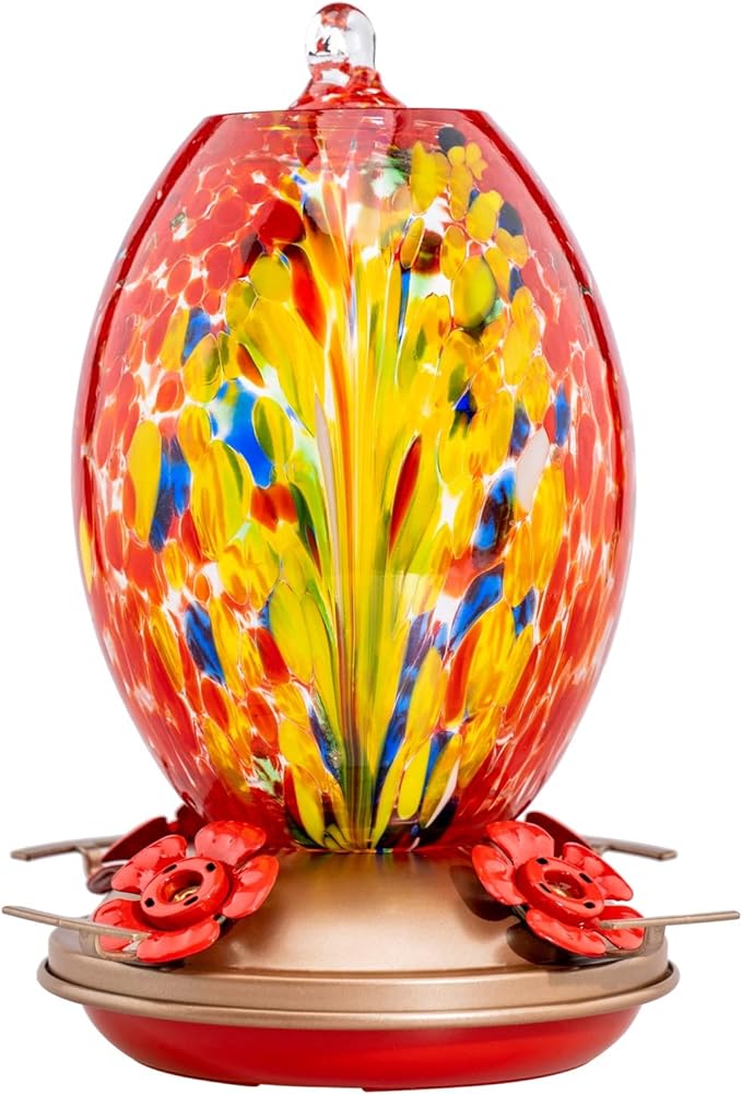 Muse Garden Glass Humming Bird Feeders for Outdoors - 27OZ Blown Glass Hummingbird Feeder - Unique Gift Mom Bird Lovers Women, Outdoors Hanging Garden Decor, Includes Ant Moat & Brush, Red Phoenix