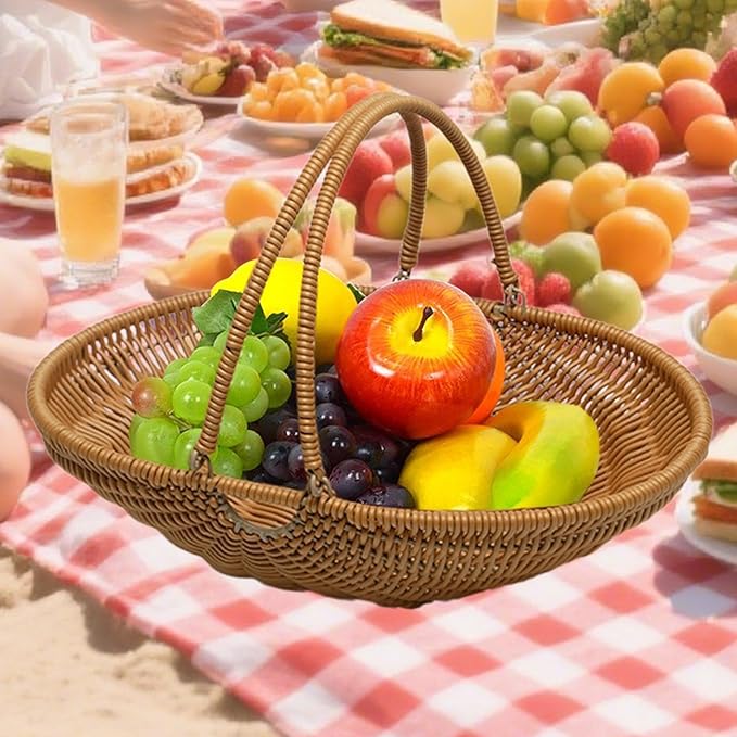 MYCENSE Wicker Picnic Storage Basket with Foldable Handle, PP Woven Empty Picnic Baskets, Sturdy Iron Wire Frame, Versatile Harvest Basket for Camping, Beach, Park, Halloween, A 33.5x24.5x8cm
