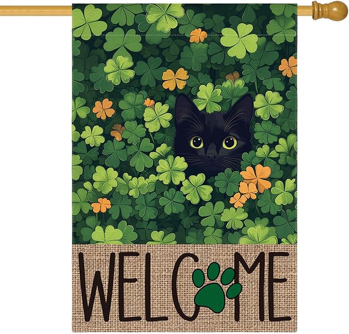 AVOIN colorlife St Patricks Day House Flag 28x40 Inch Double Sided Outside, Black Cat Welcome Shamrocks Holiday Yard Outdoor Flag