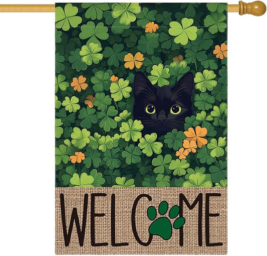 AVOIN colorlife St Patricks Day House Flag 28x40 Inch Double Sided Outside, Black Cat Welcome Shamrocks Holiday Yard Outdoor Flag