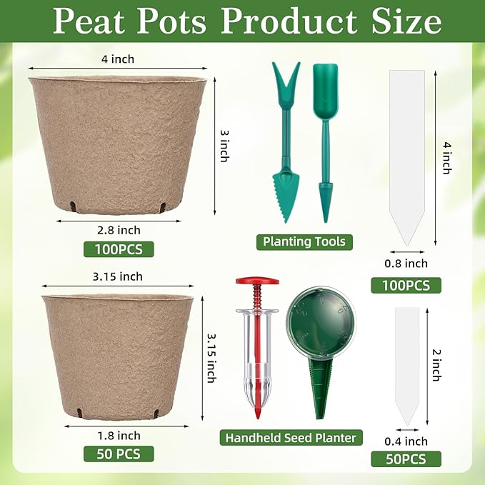 150 Pack Peat Pots for Seedlings 100 4-inch & 50 3.15-inch Round Biodegradable Seed Starter Pots with Drainage Holes for Garden Germination Nursery, Includes 150 Plant Labels & Planting Tools