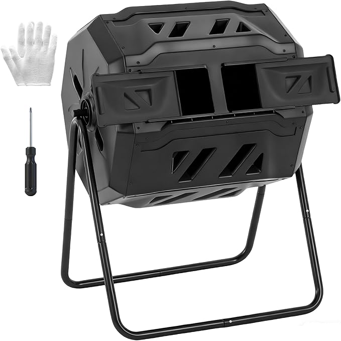 OLIXIS Compost Bin Outdoor 43 Gallon, Dual Chamber Composter Tumbler Outdoor with Gloves, Efficient 360°Rotating Composting Bin for Patio, Lawn, Home Gardening and Landscape, Pure Black