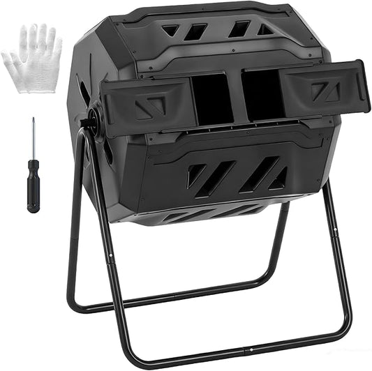 OLIXIS Compost Bin Outdoor 43 Gallon, Dual Chamber Composter Tumbler Outdoor with Gloves, Efficient 360°Rotating Composting Bin for Patio, Lawn, Home Gardening and Landscape, Pure Black