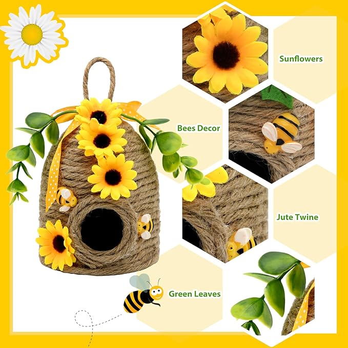 Sunflowers Bee Hive Decor, 2 Pack Farmhouse Honey Comb Bee House Decorations, Spring Summer Rustic Sunflowers Bees Themed Decorations for Home, Farmhouse Bees Kitchen Table Tiered Tray Decor