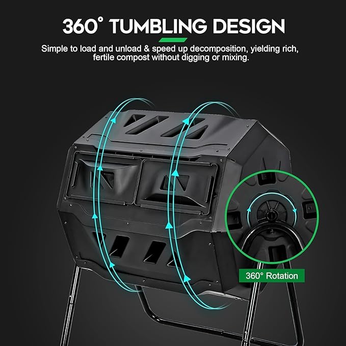 43 Gallon Large Composting Tumbler Dual Chamber Outdoor Garden Rotating Compost Bin Tumbling Composter with Sliding Door,Black